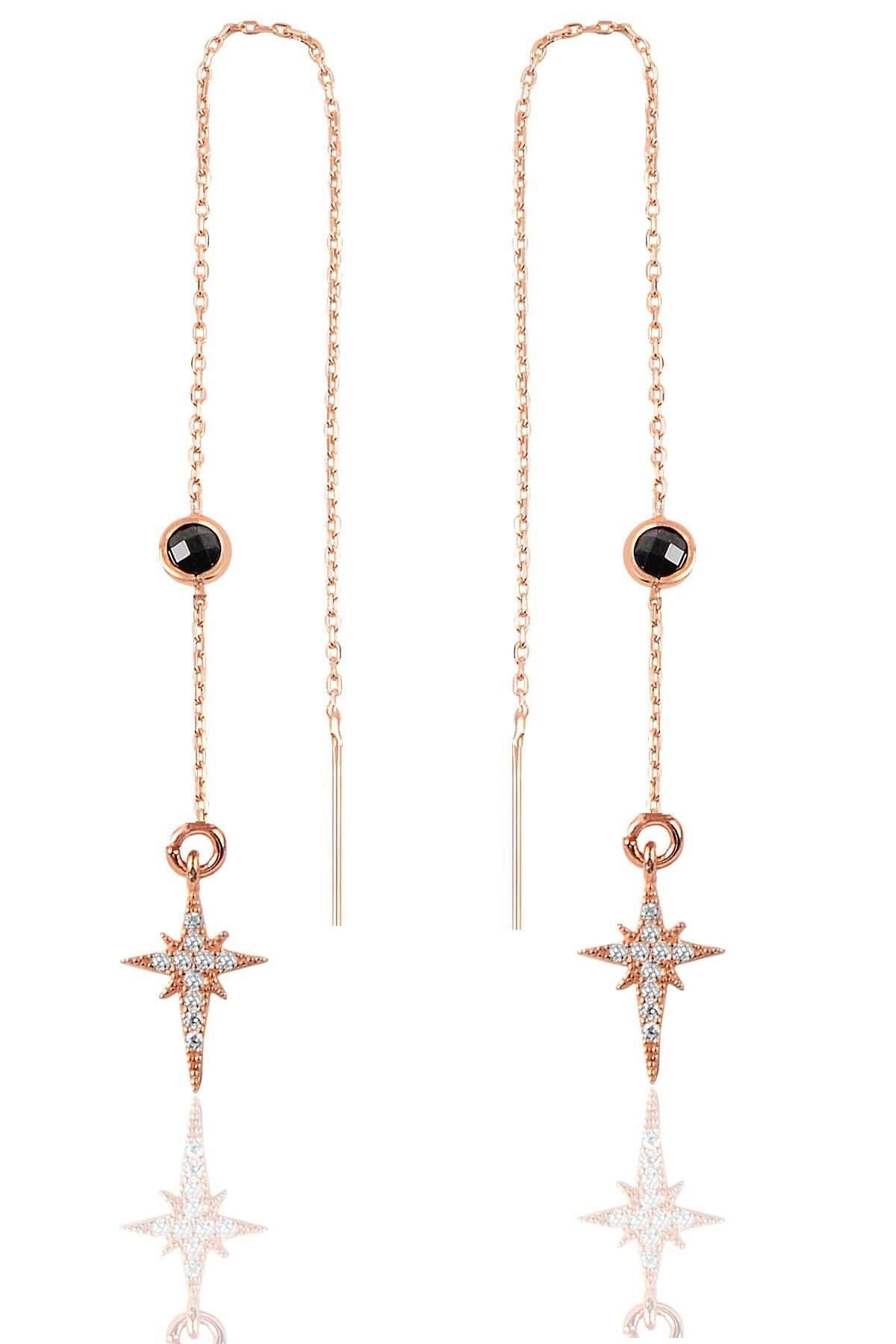 Gümüş  oniks taşlı zincirli küpe  kutup yıldızı modeli SGTL9862SİYAHKUTUP