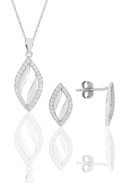 Gümüş rodyumlu zirkon taşlı mekik kolye ve kupe ikili set.. SGTL11610SET