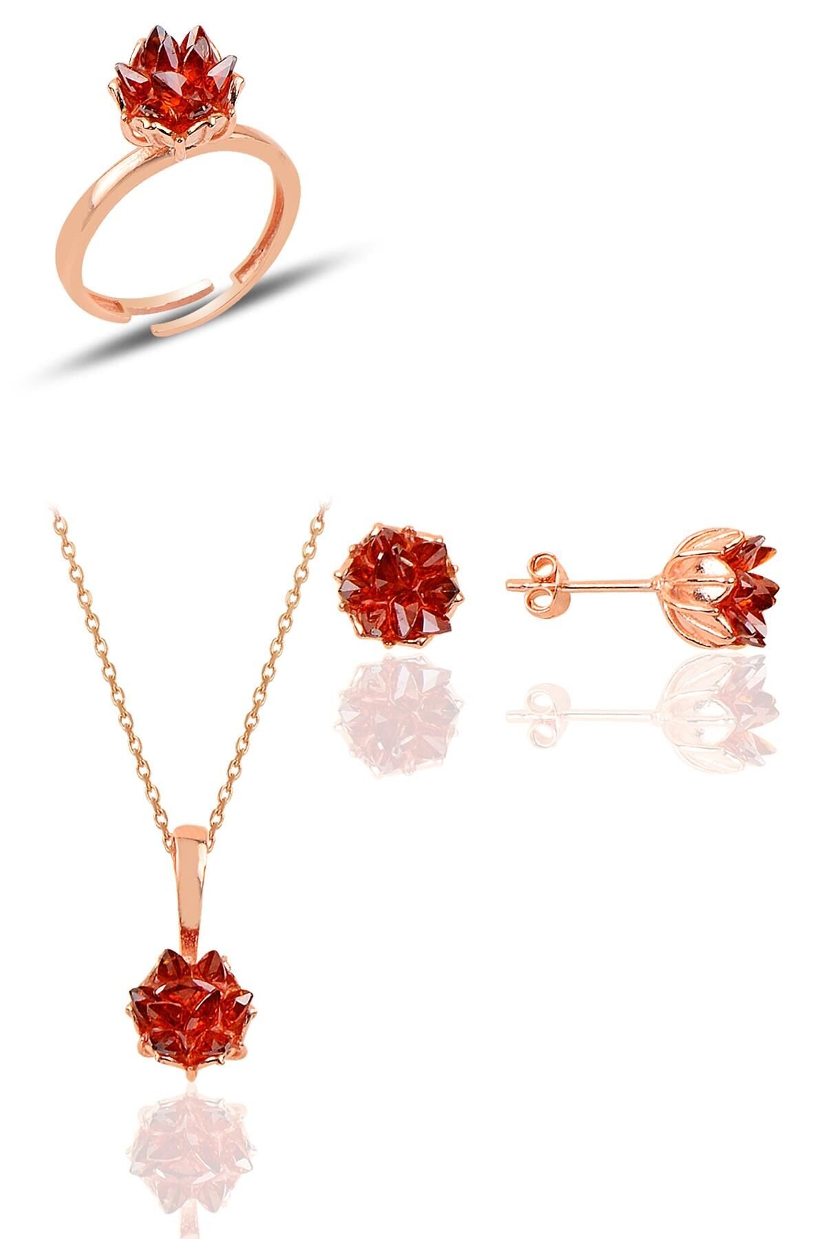 Gümüş Lotus çiçeği modeli lal taş renkli üçlü set SGTL10213SET
