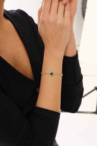 Gümüş kök zümrüt, sedef ve zirkon taşlı kalp tutkusu kadın bileklik SGTL12653YESIL