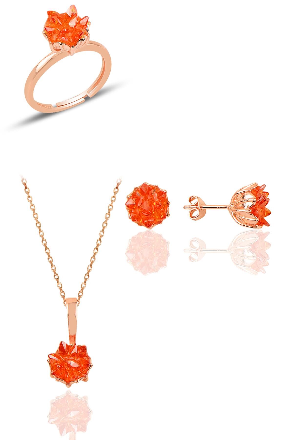 Gümüş Lotus çiçeği modeli turuncu renkli zirkon taşlı üçlü set SGTL10215SET