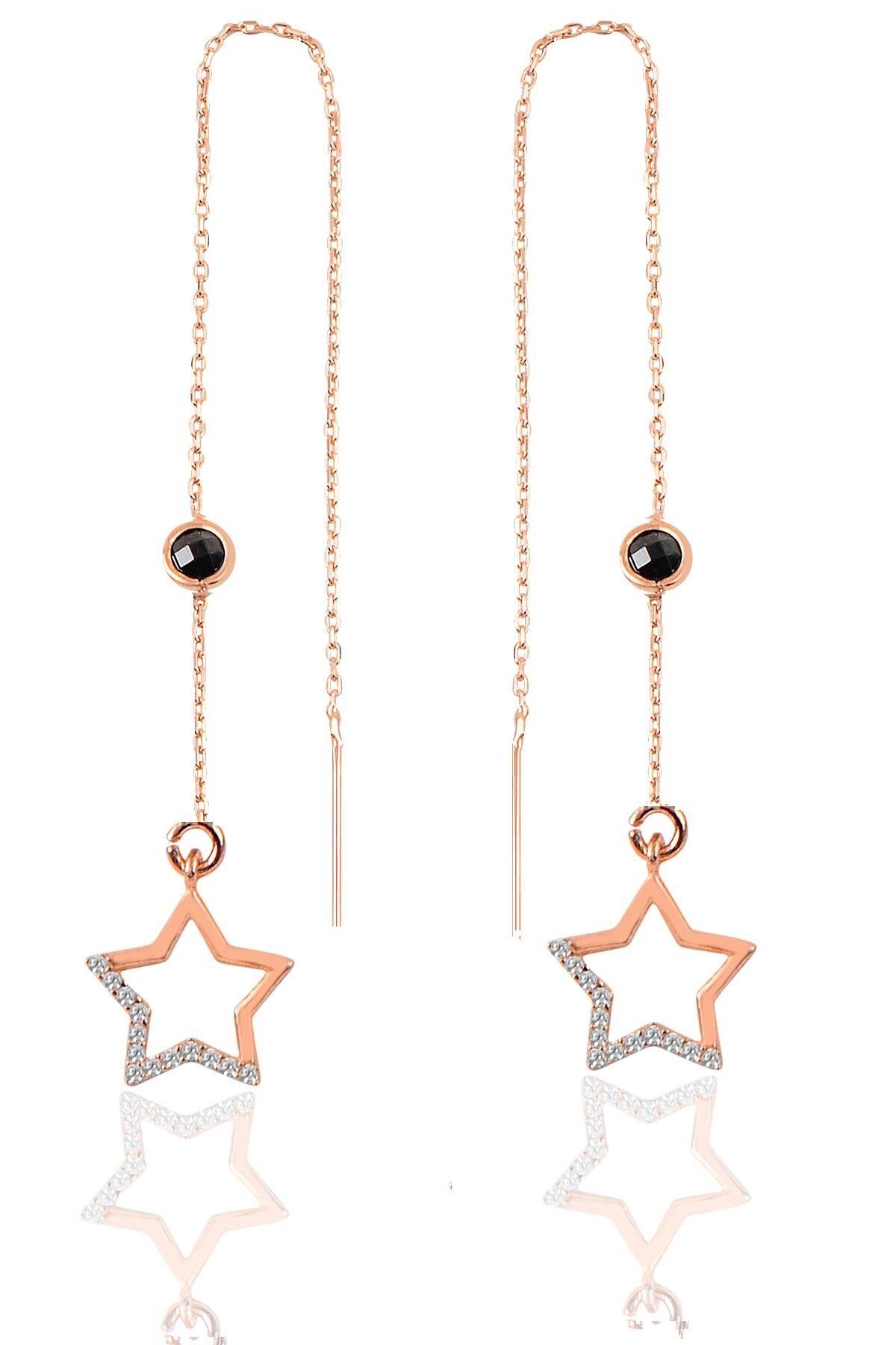 Gümüş  oniks ve zirkon taşlı zincirli küpe  yıldız modeli SGTL9862SİYAHYILDIZB