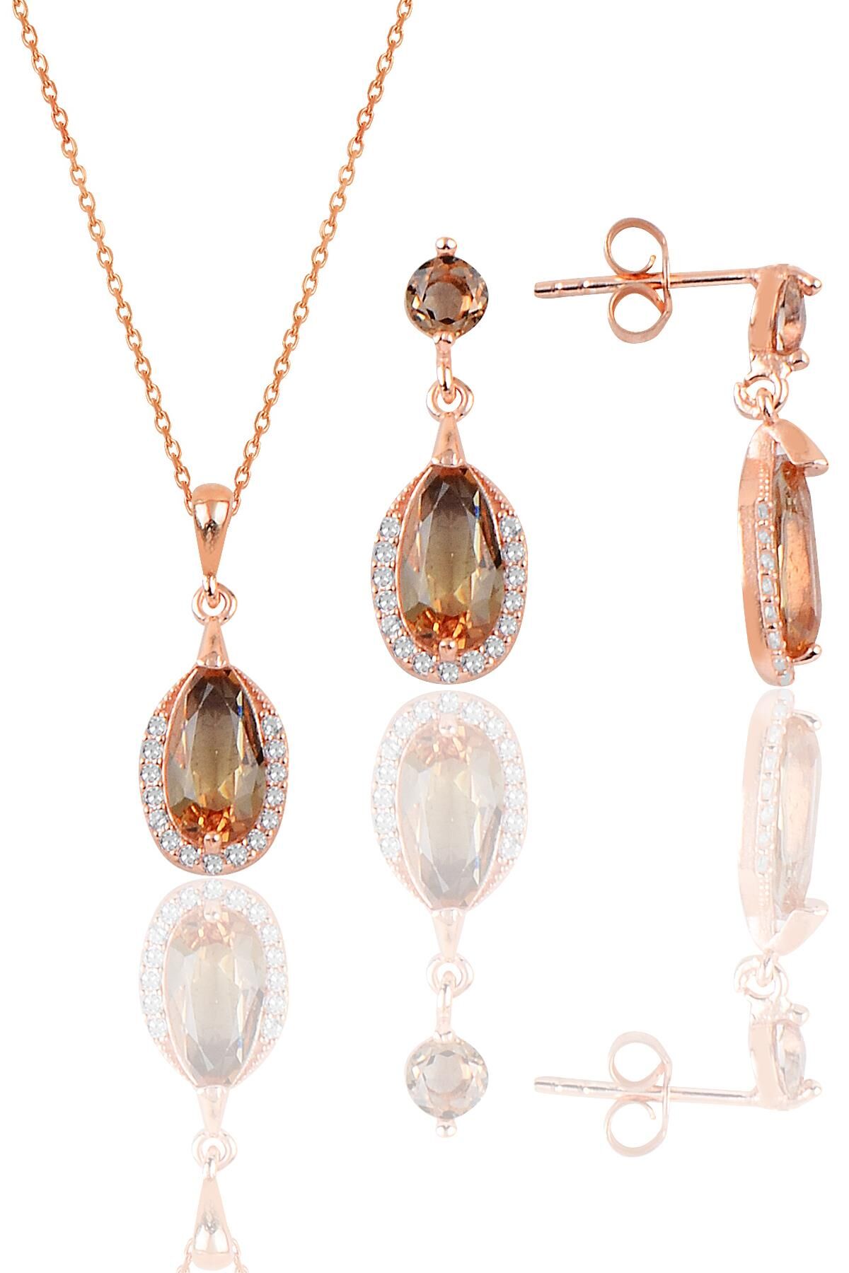 Gümüş rose zultanit taşlı damla modeli kolye ve küpe ikili set SGTL12073ZULTANIT