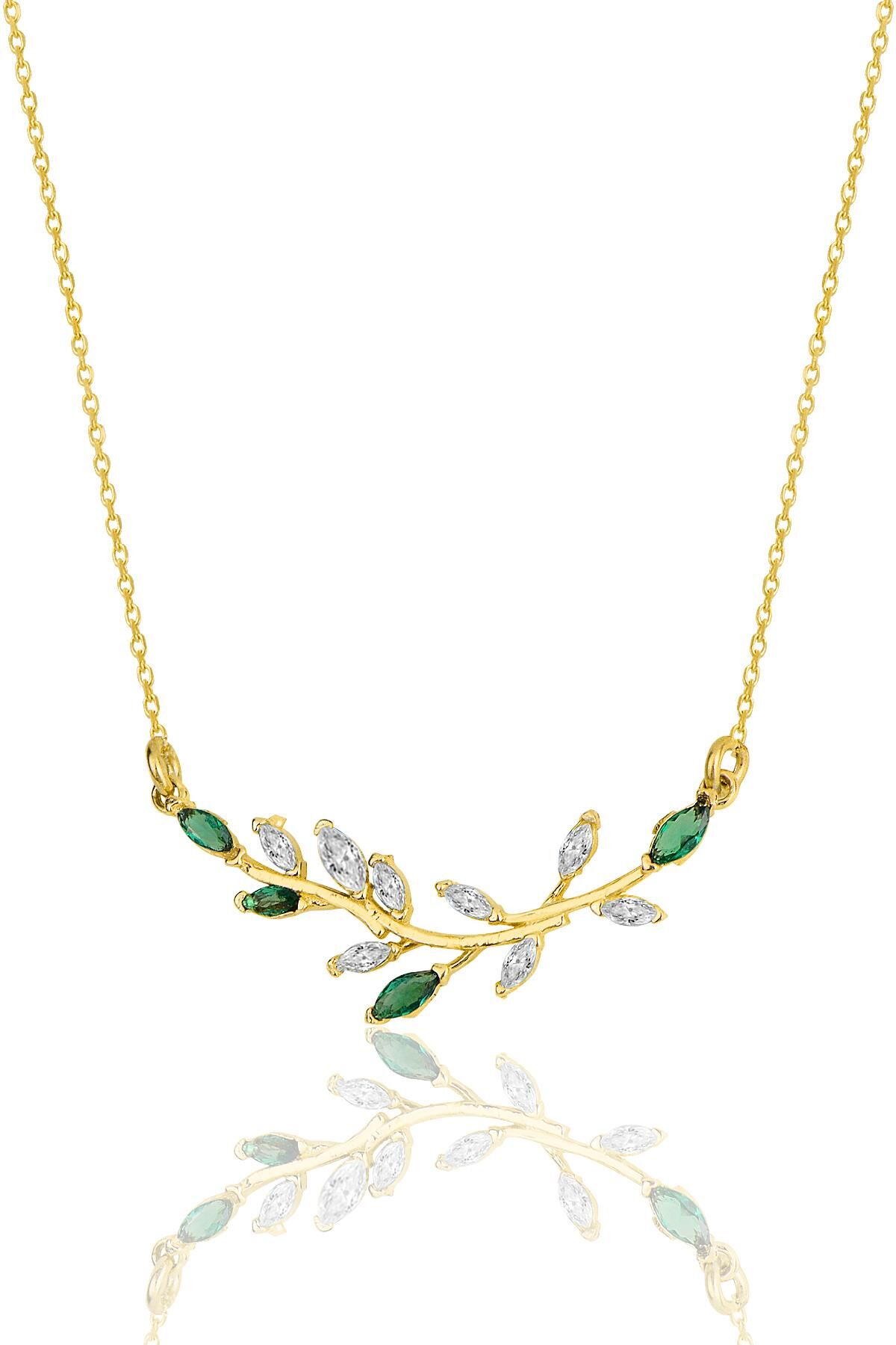 Gümüş altın yaldızlı baget kesim zirkon taşlı özel tasarım zeytin dalı kolye SGTL11973GOLD