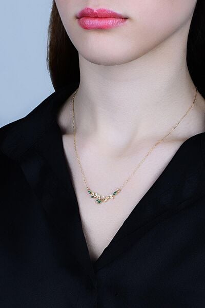 Gümüş altın yaldızlı baget kesim zirkon taşlı özel tasarım zeytin dalı kolye SGTL11973GOLD