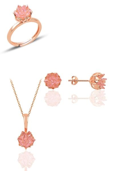 Gümüş Lotus çiçeği modeli pembe renkli taşlı üçlü set SGTL10217SET