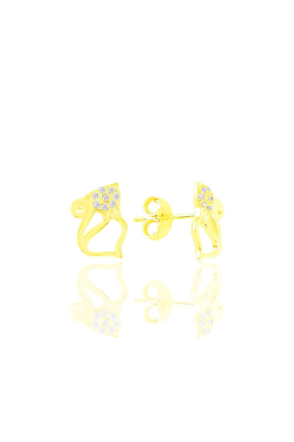 Gümüş altın yaldızlı  zirkon taşlı kedi küpe SGTL10977GOLD