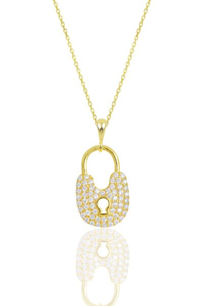 Gümüş altın yaldızlı zirkon taşlı kilit kolye SGTL11874GOLD