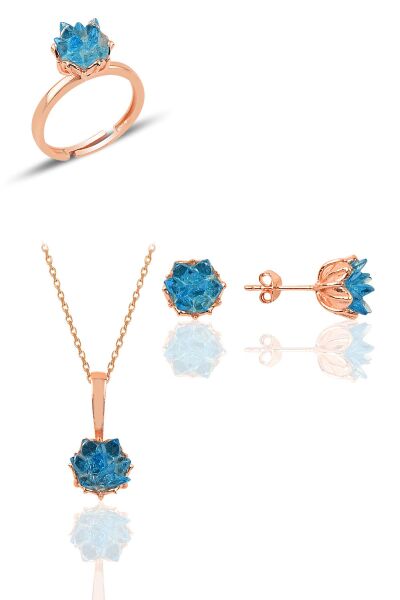 Gümüş Lotus çiçeği modeli akuamarin renkli taşlı üçlü set SGTL10218SET