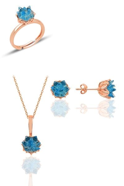 Gümüş Lotus çiçeği modeli akuamarin renkli taşlı üçlü set SGTL10218SET