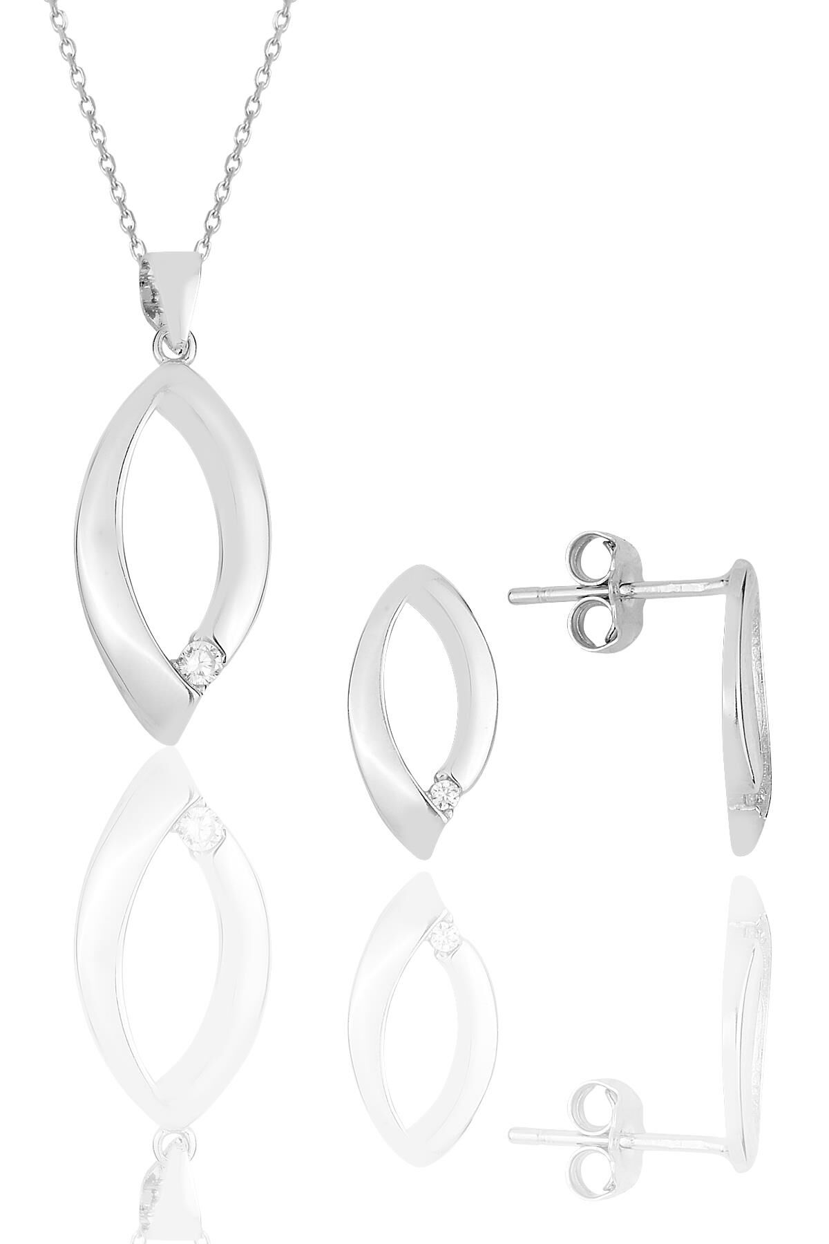 Gümüş rodyumlu mekik tek  taşlı kolye kupe ikili set.. SGTL11612SET
