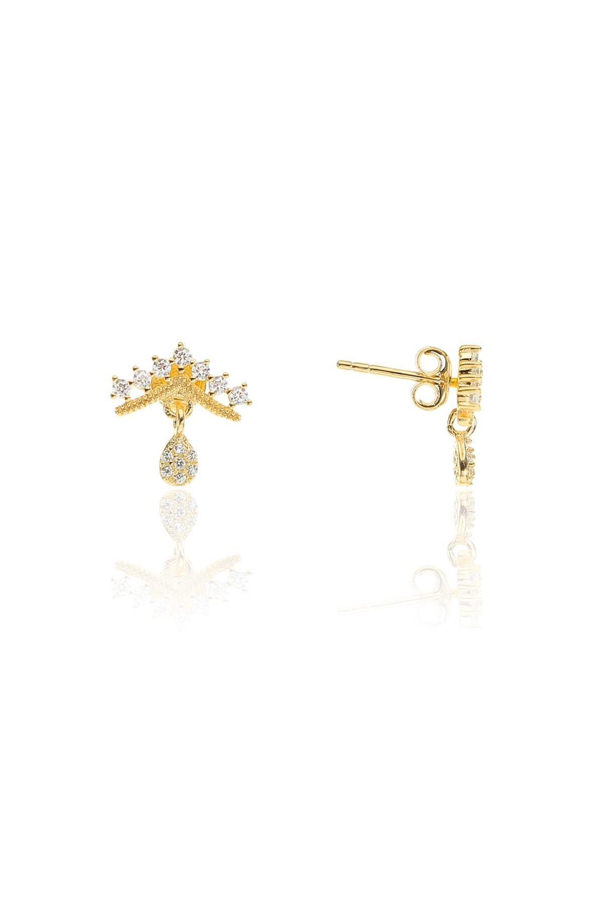 Gümüş altın yaldızlı  zirkon taşlı taç küpe SGTL11246GOLD