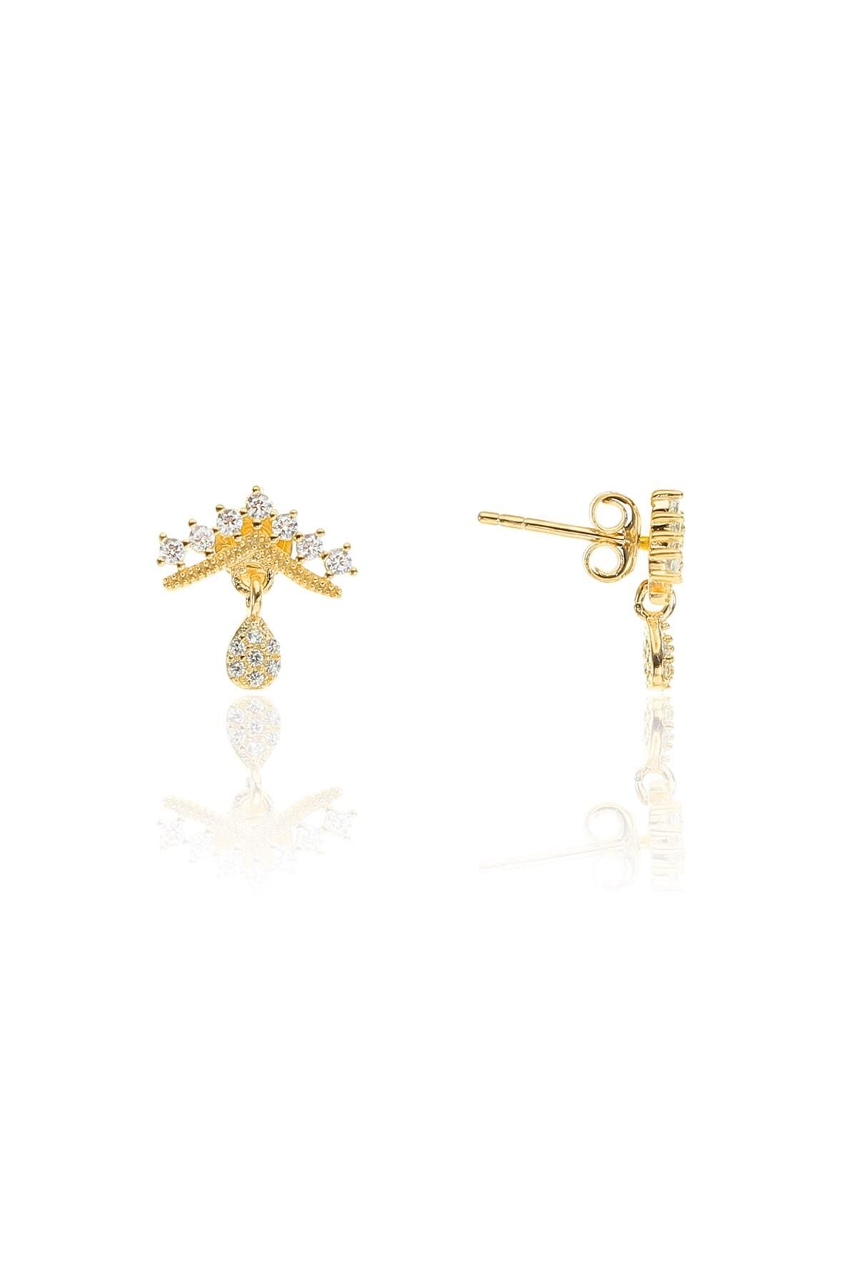 Gümüş altın yaldızlı  zirkon taşlı taç küpe SGTL11246GOLD