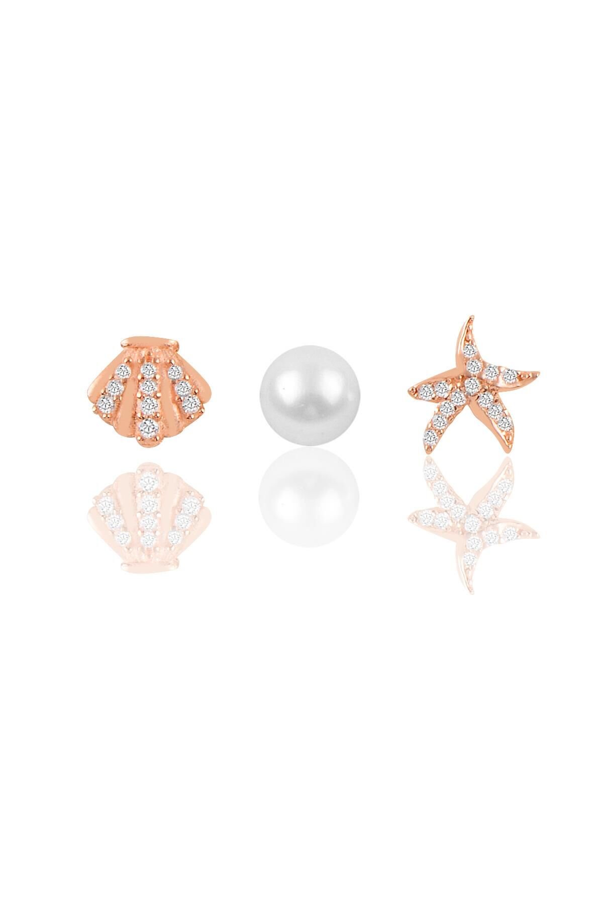 Gümüş rose zirkon ve inci taşlı deniz kombin üçlü küpe seti SGTL11387ROSE