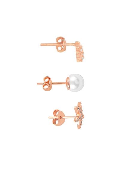 Gümüş rose zirkon ve inci taşlı deniz kombin üçlü küpe seti SGTL11387ROSE