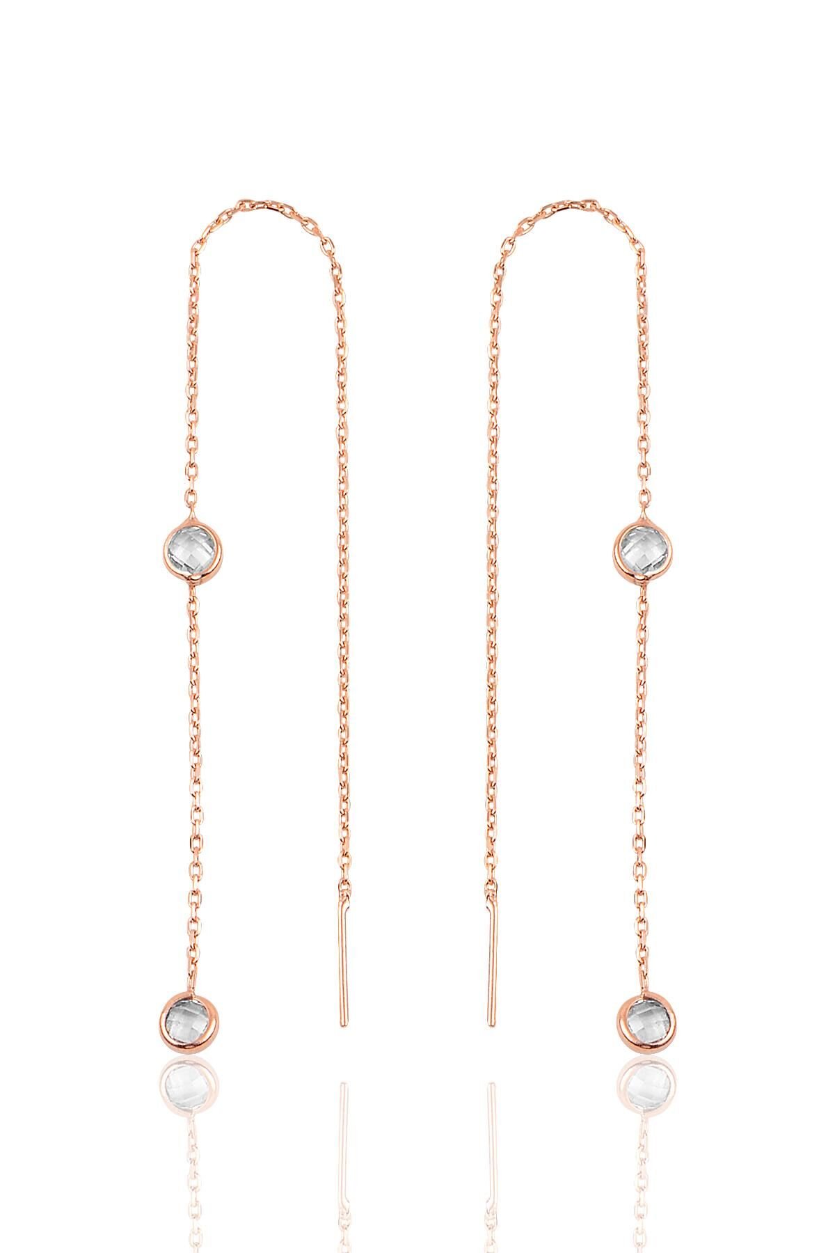Gümüş 2 taşlı zincirli küpe SGTL9861ROSE