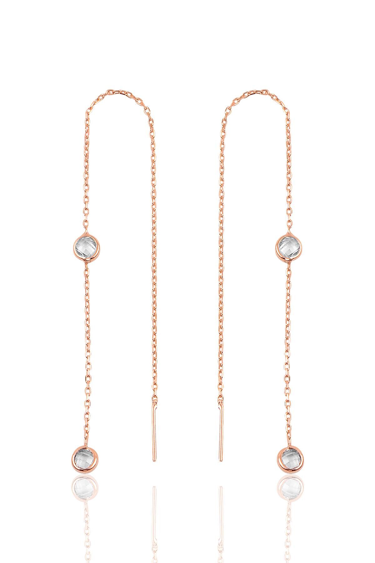 Gümüş 2 taşlı zincirli küpe SGTL9861ROSE