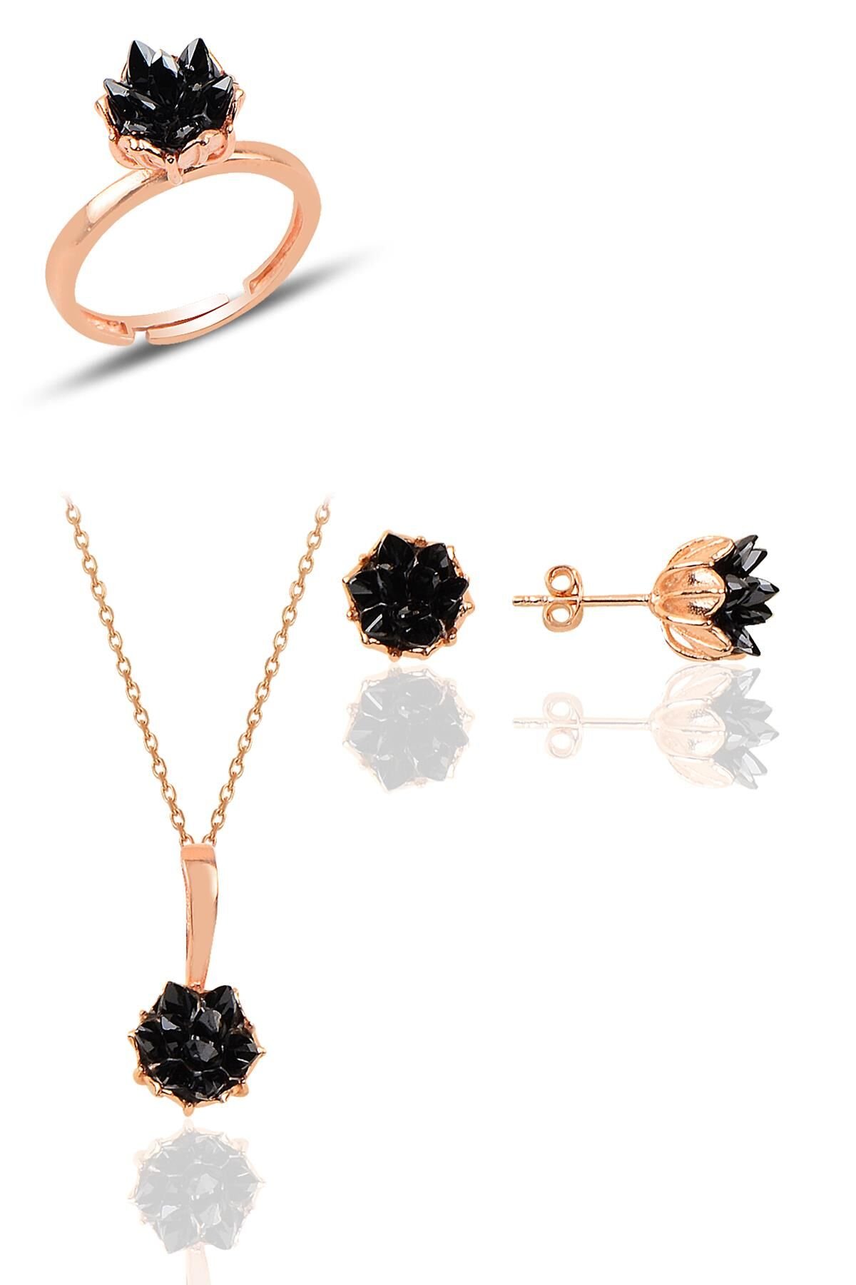 Gümüş Lotus çiçeği modeli onix renkli taşlı üçlü set SGTL10220SET