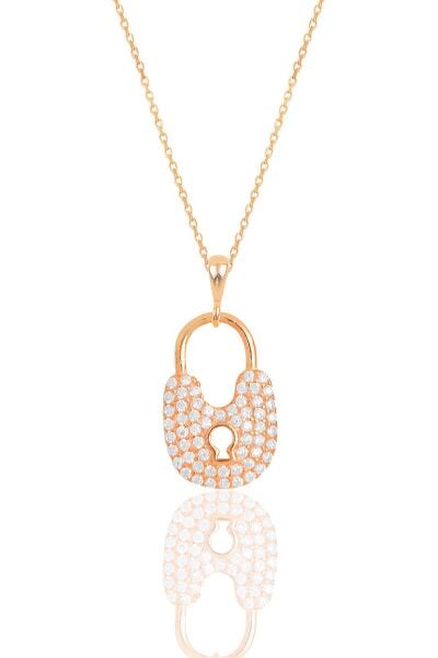 Gümüş rose zirkon taşlı kilit kolye SGTL11874ROSE