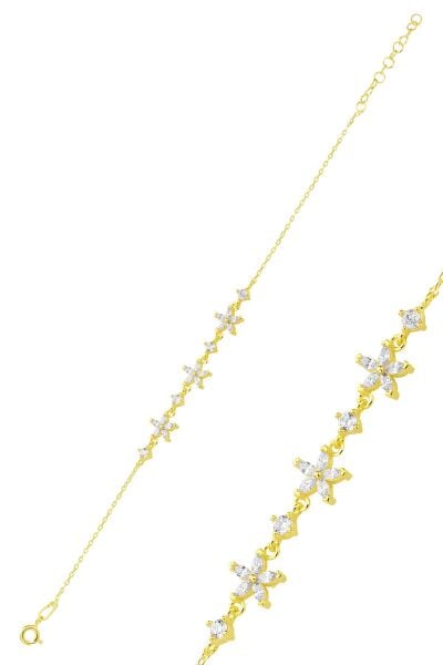 Gümüş altın yaldızlı zirkon taşlı lotus çiçeği bileklik SGTL12718GOLD