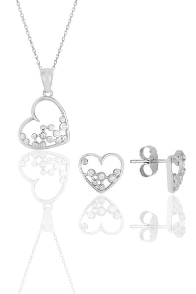 Gümüş rodyumlu zirkon taşlı kalp kolye kupe ikili set.. SGTL11613SET