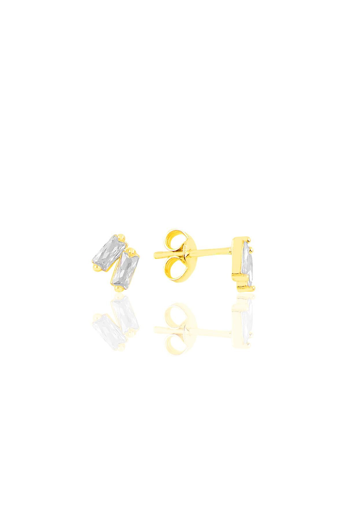 Gümüş altın yaldızlı iki baget taşlı küpe SGTL10758GOLD