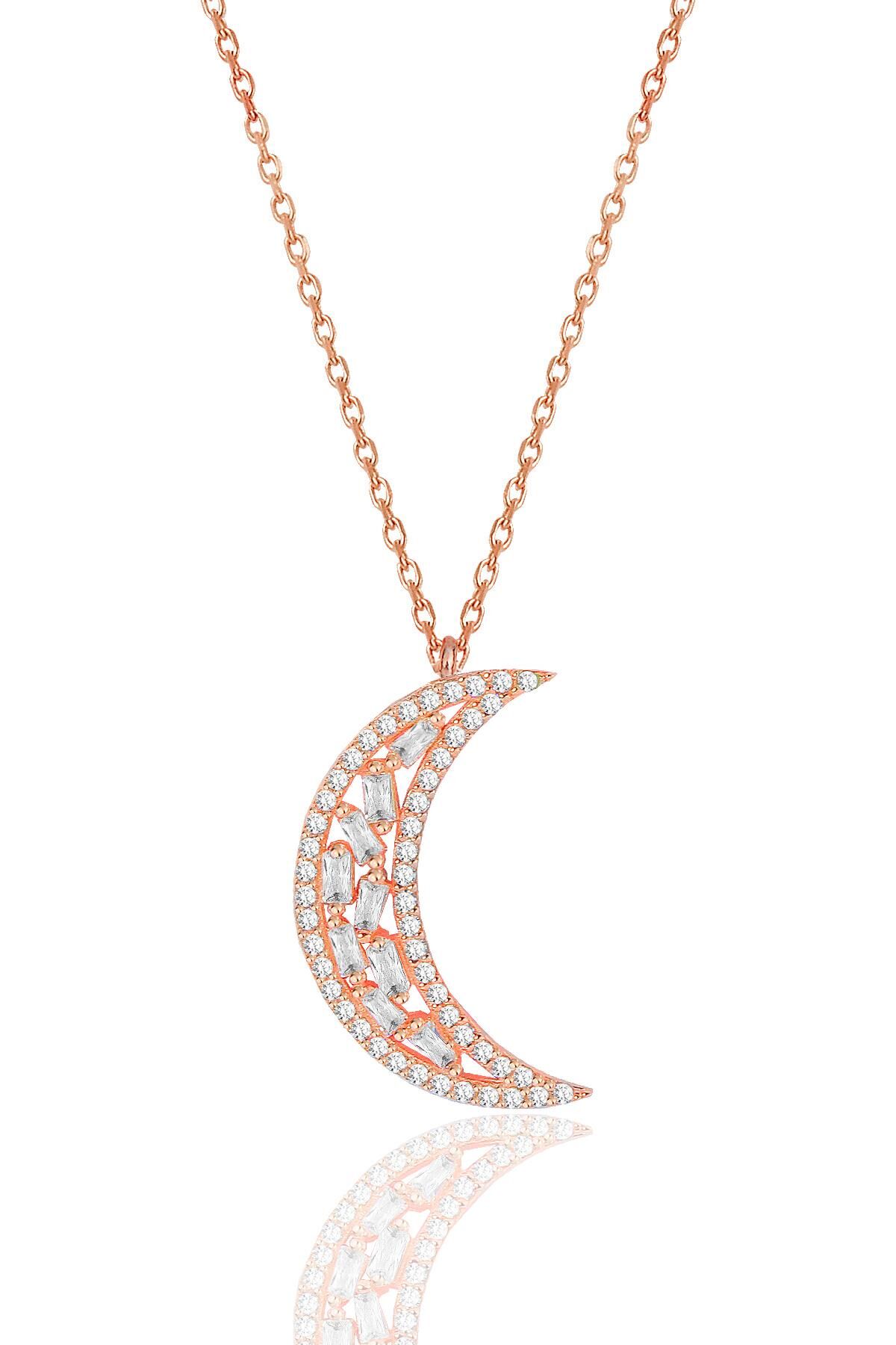 Gümüş rose baget kesim zirkon taşlı hilal kolye SGTL11970ROSE