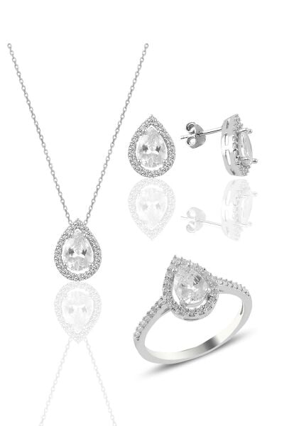 Gümüş rodyumlu zirkon taşlı damla modeli üçlü set SGTL11003BEYAZ