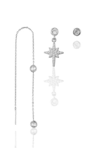 Gümüş rodyumlu zirkon taşlı kutup yıldızı kombin üçlü küpe seti SGTL11381RODAJ