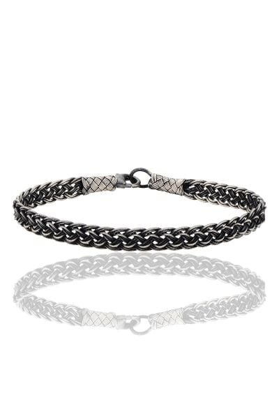 Gümüş tamamen el işçiliği kazaziye işlemeli örgülü erkek bileklik SGTL12719SIYAH