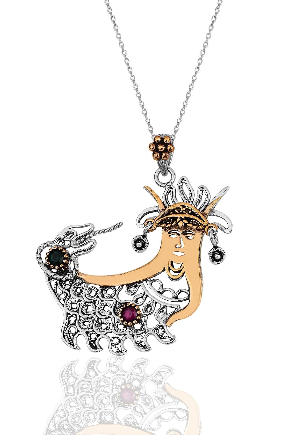 Gümüş oksitli telkari kök yakut ve kök zümrüt taşlı şahmeran kolye SGTL11969RODAJ