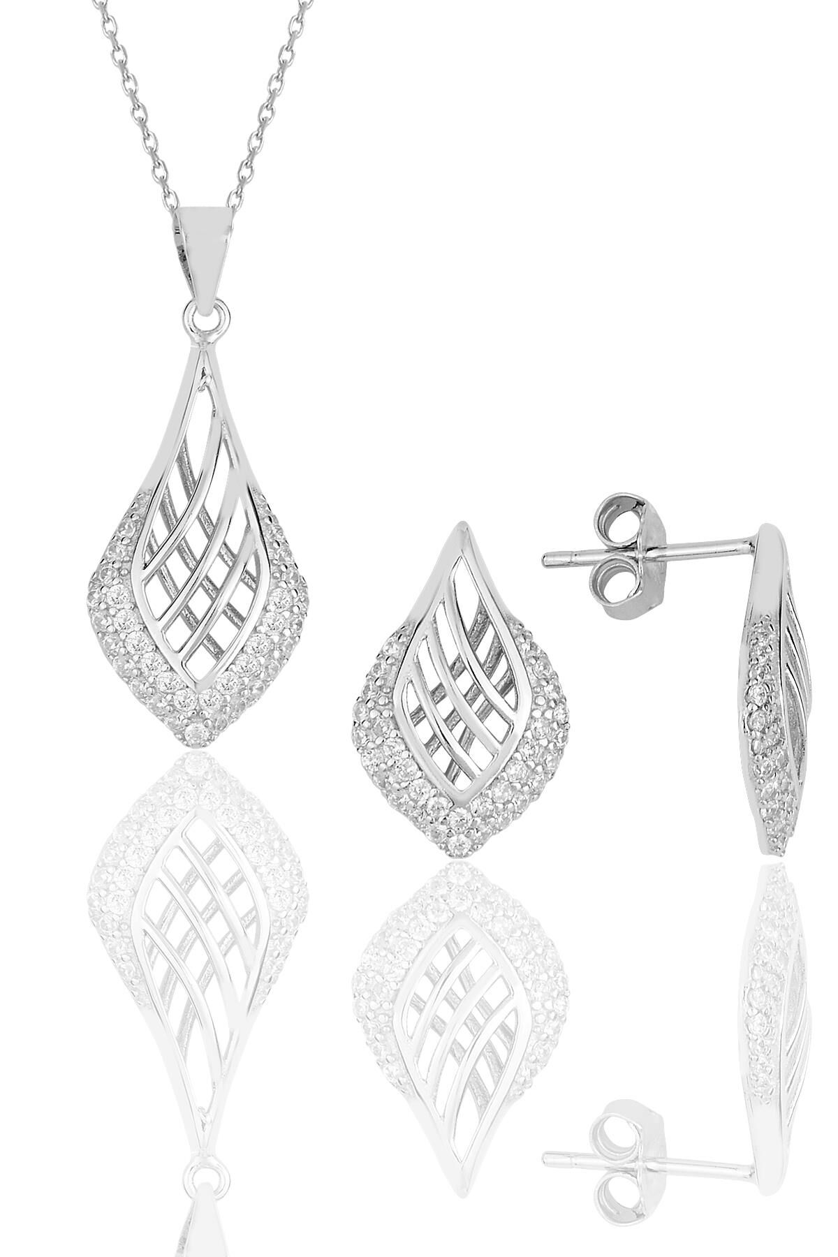 Gümüş rodyumlu zirkon taşlı desenli kolye kupe ikili set.. SGTL11614SET