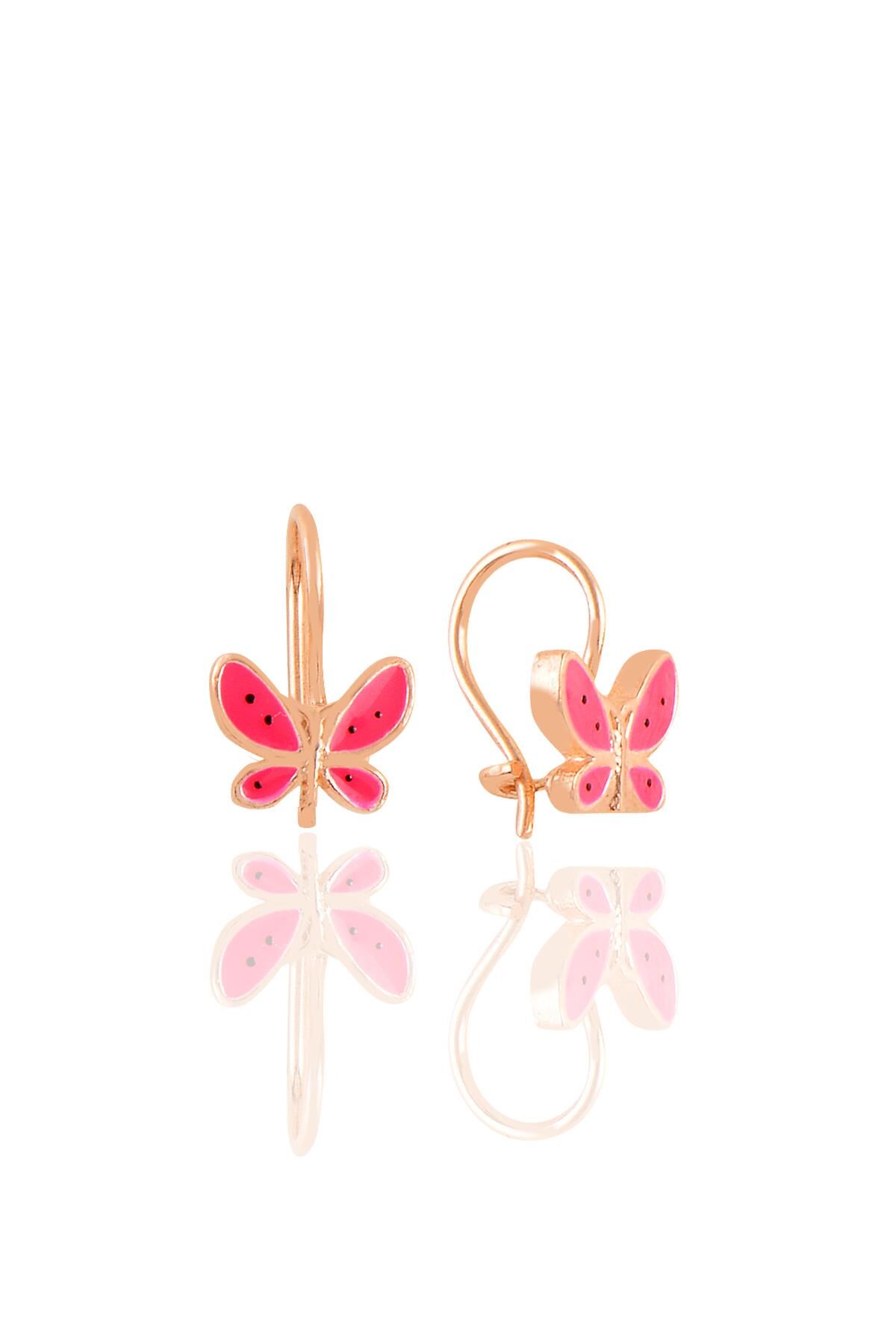 Gümüş rose fuşya mineli çengelli gümüş kelebek küpe SGTL10712FUSYA