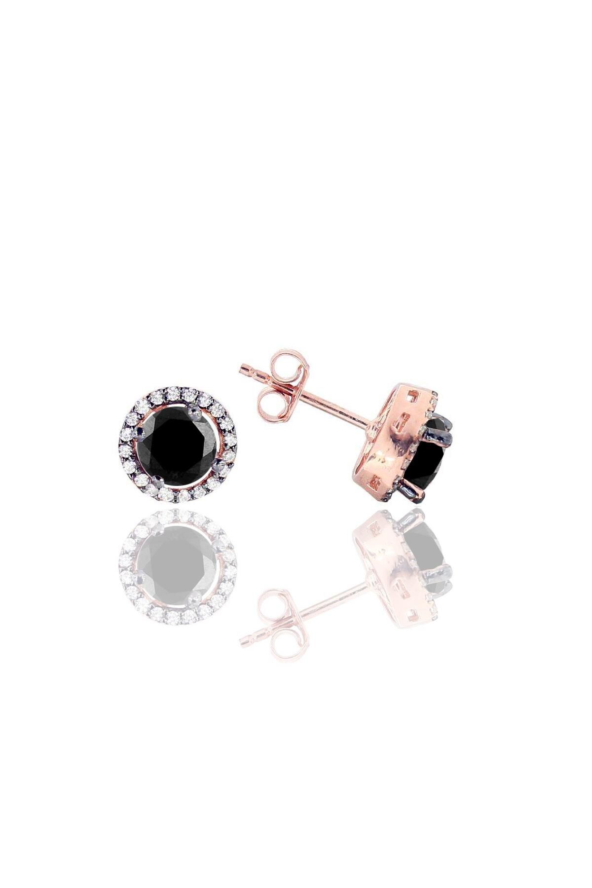 Gümüş rose siyah taşlı yuvarlak küpe SGTL11242ROSE