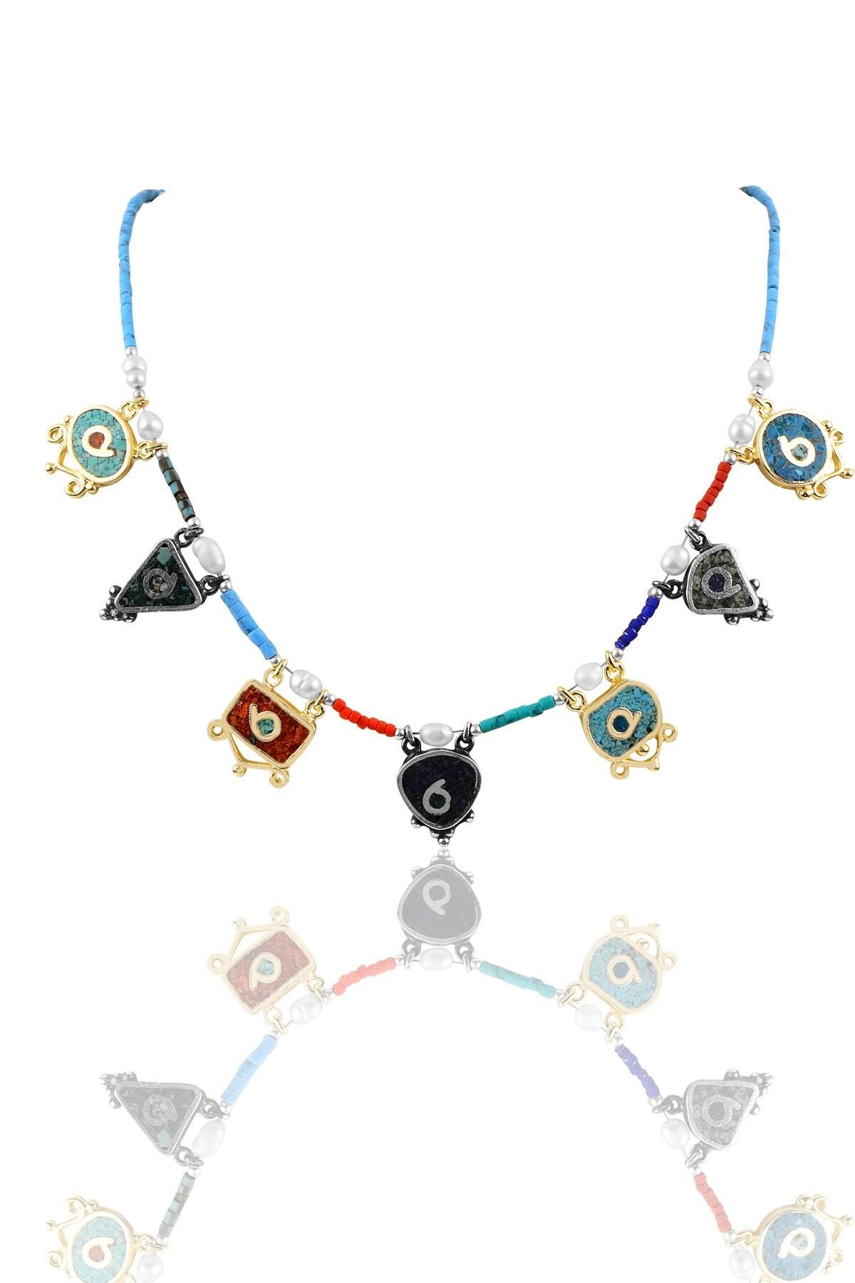 Gümüş 7 li mozaik taşlı kolye SGTL9908