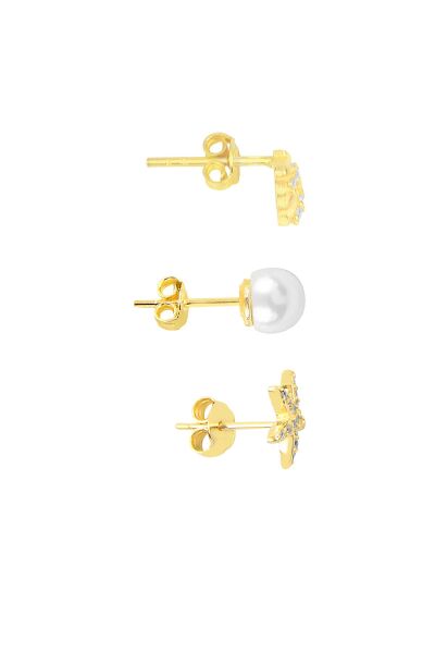 Gümüş altın yaldızlı zirkon ve inci taşlı deniz kombin üçlü küpe seti SGTL11387GOLD