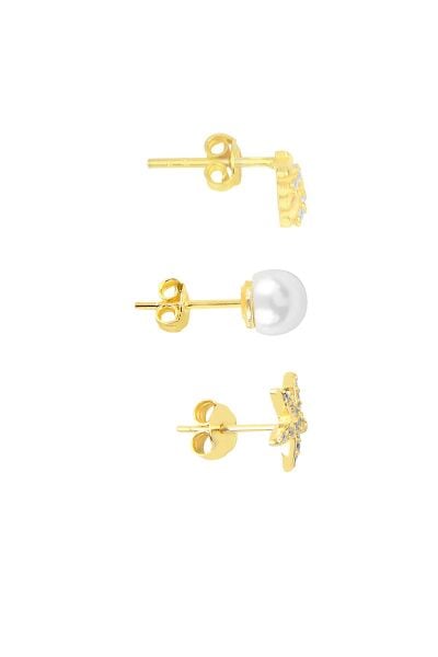 Gümüş altın yaldızlı zirkon ve inci taşlı deniz kombin üçlü küpe seti SGTL11387GOLD