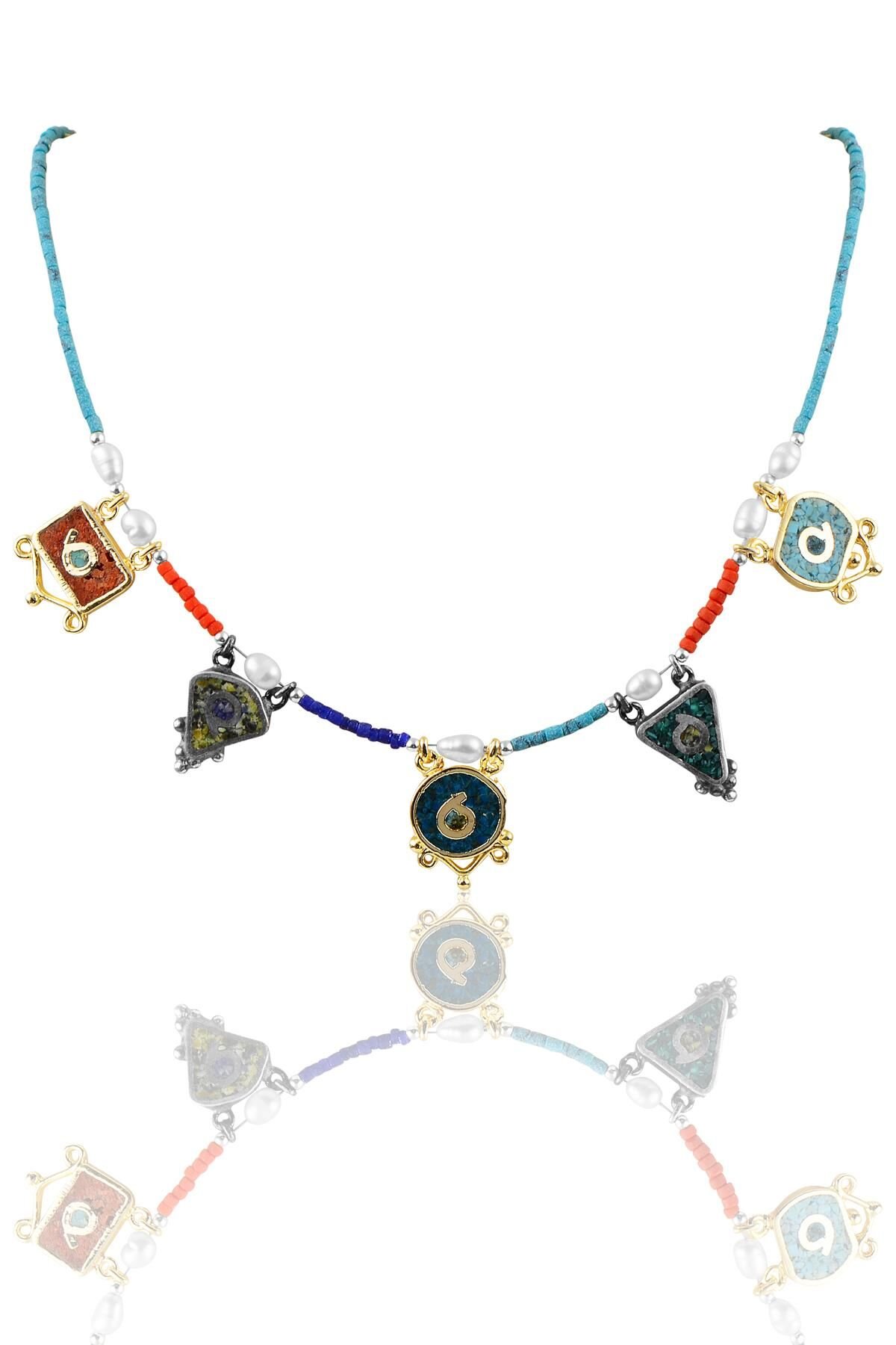 Gümüş 5 li mozaik taşlı kolye SGTL9909