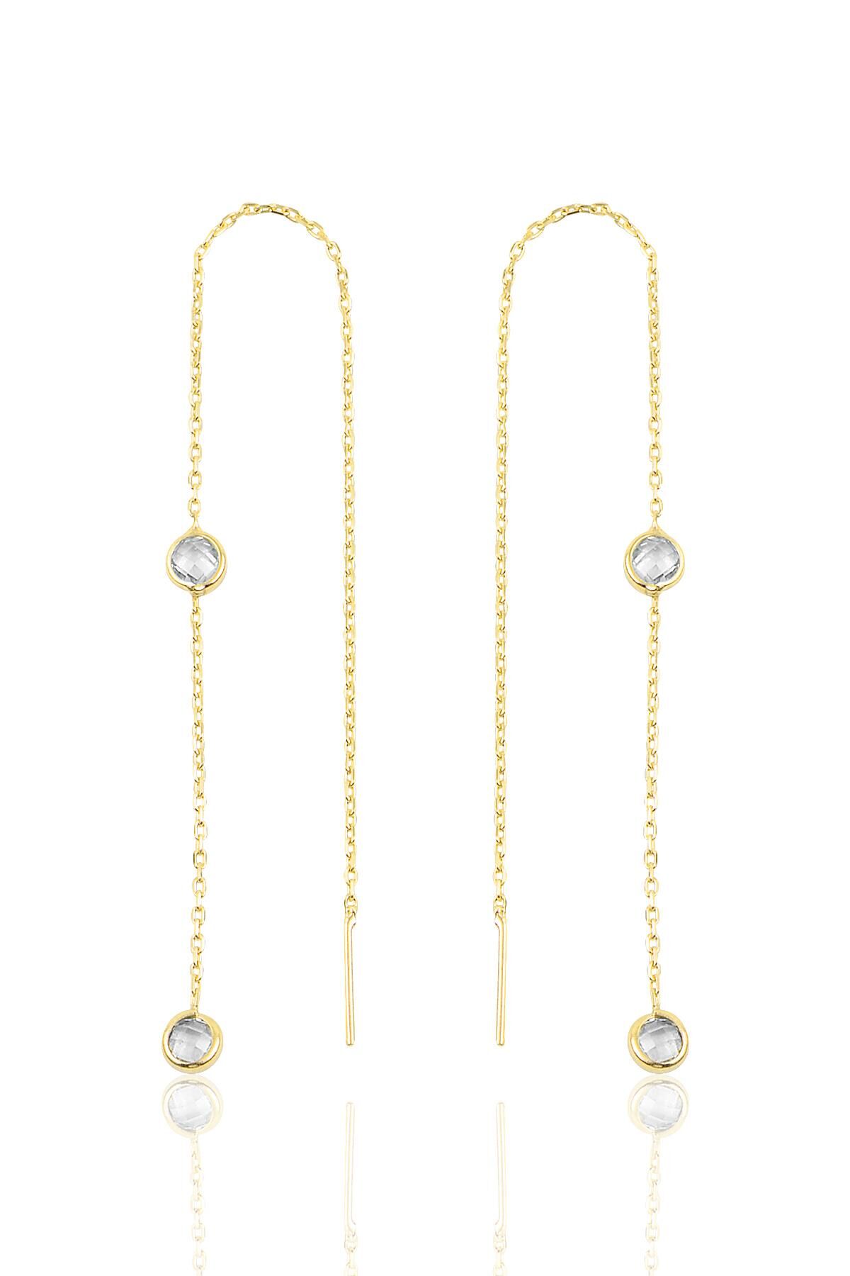 Gümüş altın yaldızlı iki taşlı zincir küpe SGTL9861GOLD