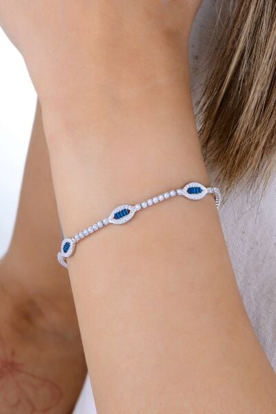 Gümüş rodyumlu pırlanta modeli baget kesim safir ve zirkon taşlı göz dizisi su yolu bileklik SGTL12912LACIVERT