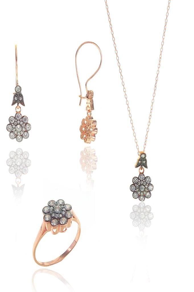 Gümüş rose zirkon taşlı elmas montürlü çiçek modeli set SGTL10858ROSE