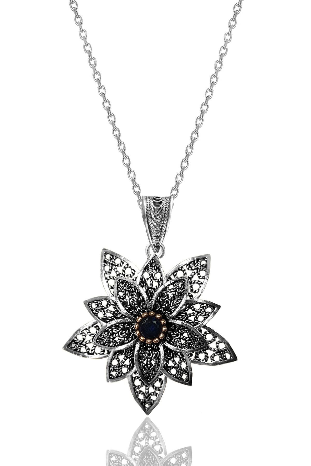 Gümüş safir taşlı telkari işlemeli lotus çiçeği kolye  SGTL12132LACIVERT