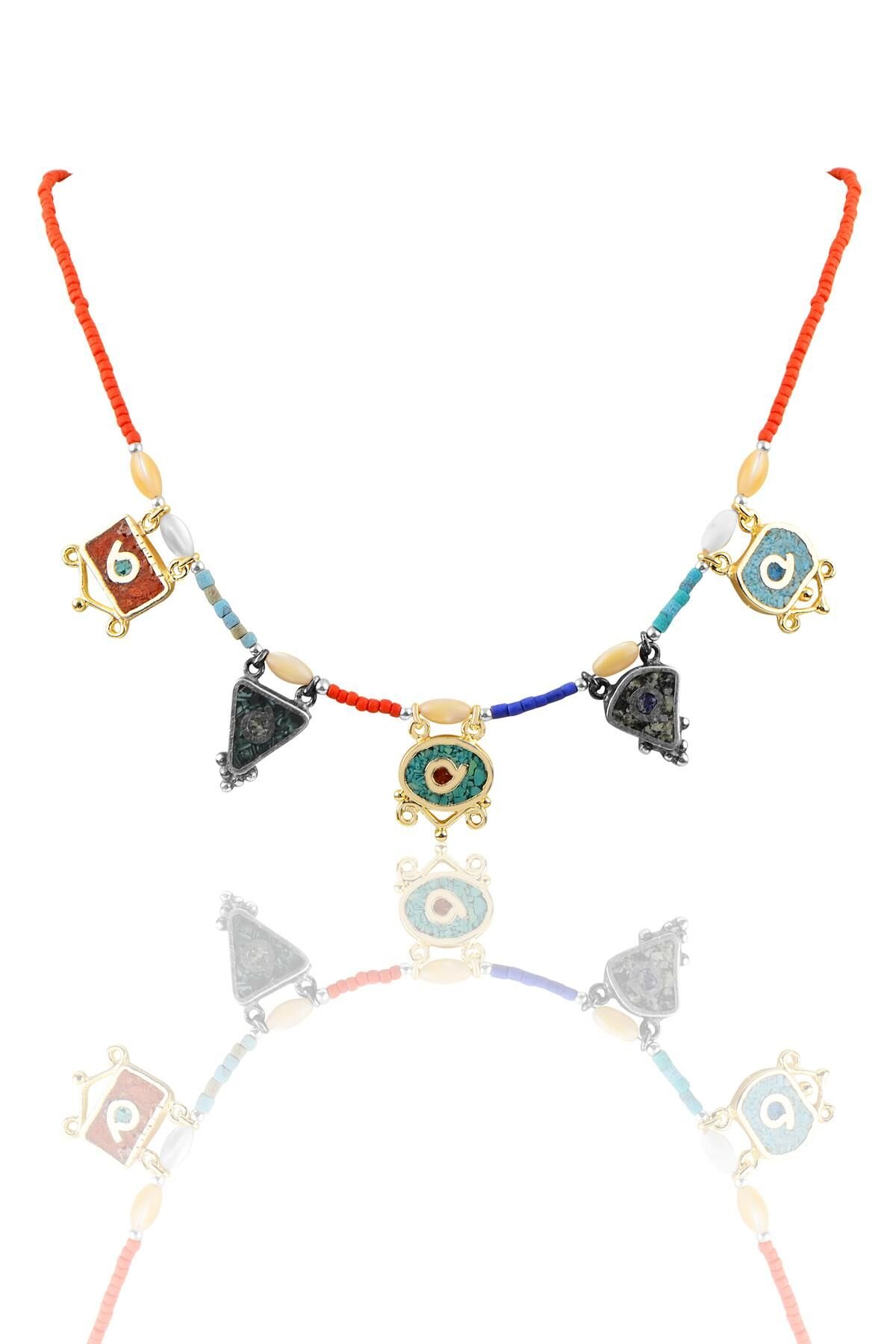 Gümüş 5 li mozaik taşlı kolye SGTL9910