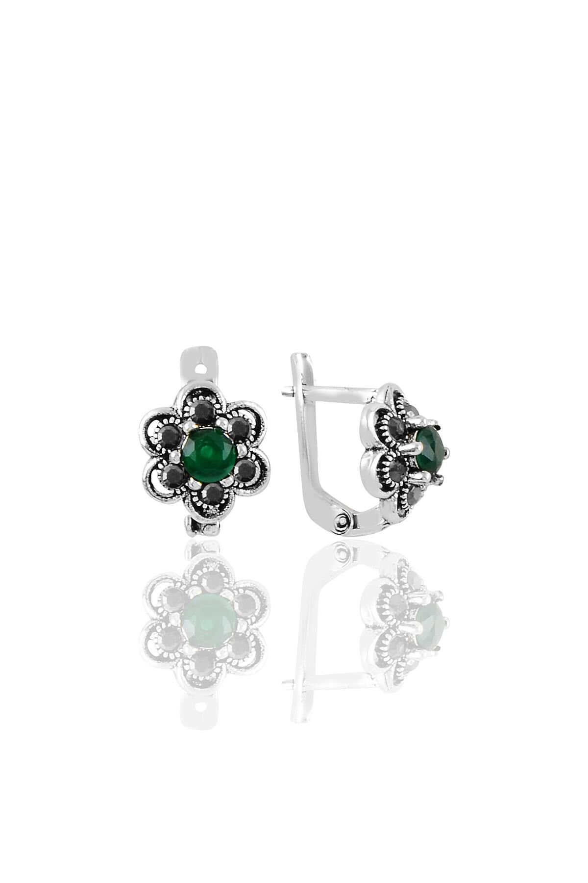 Gümüş  markazit ve kök zümrüt taşlı çiçek modeli  küpe SGTL11238YESIL