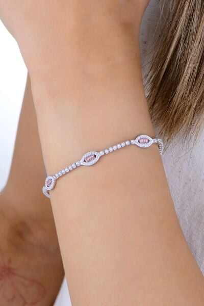 Gümüş rodyumlu pırlanta modeli baget kesim pembe zirkon taşlı göz dizisi su yolu bileklik SGTL12912PEMBE