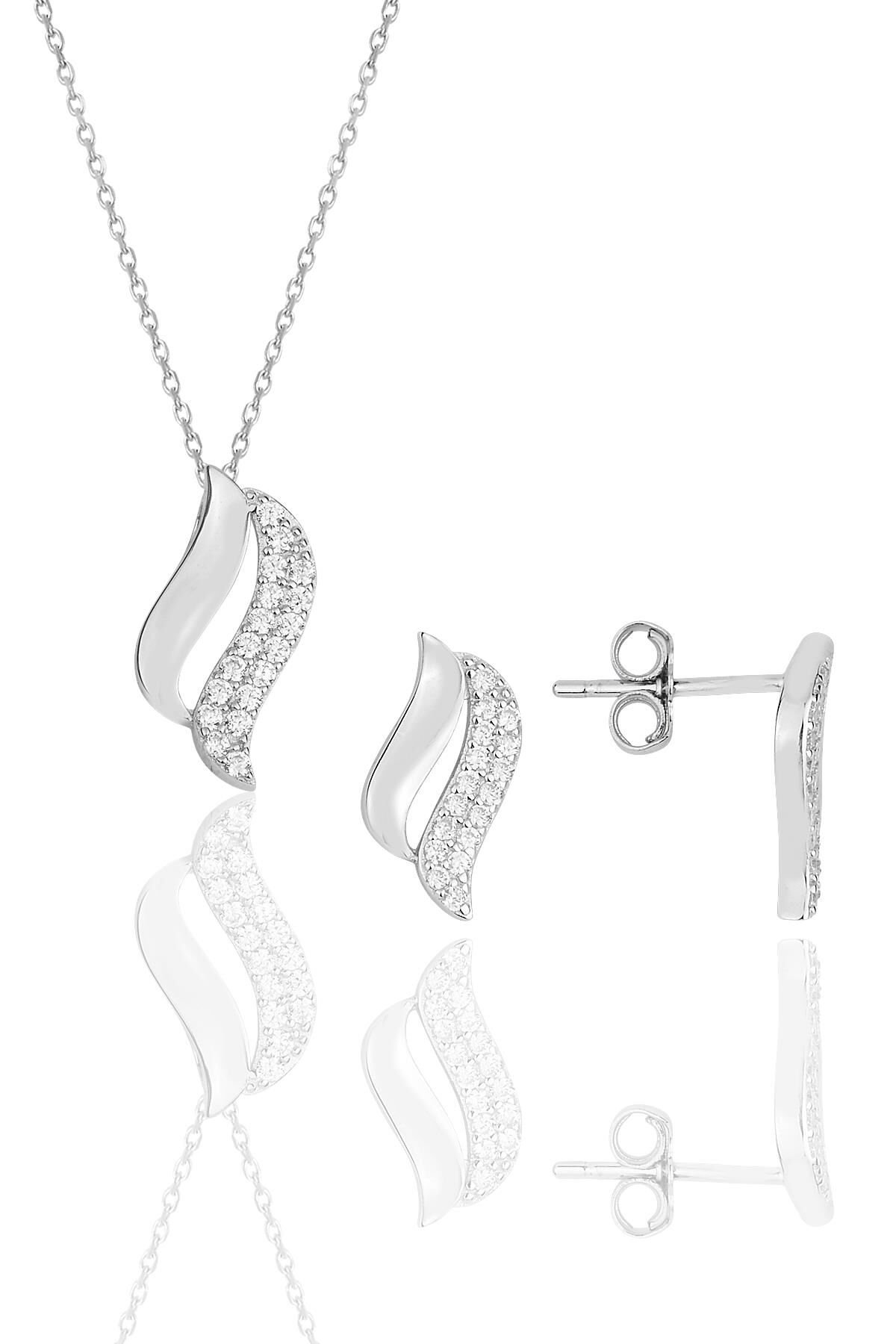 Gümüş rodyumlu zirkon taşlı dalga kolye kupe ikili set.. SGTL11615SET