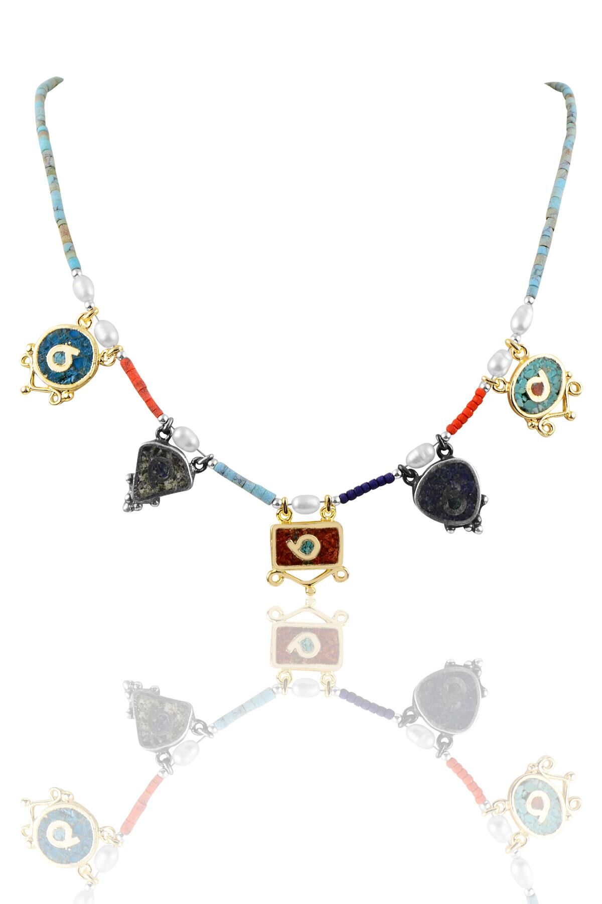 Gümüş 5 li mozaik taşlı kolye SGTL9911