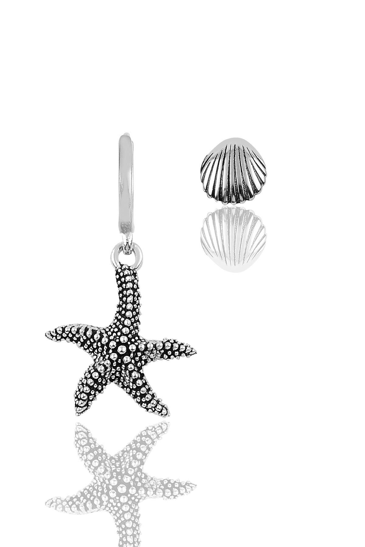 Gümüş deniz yıldızı ve midye kombin küpe SGTL11771