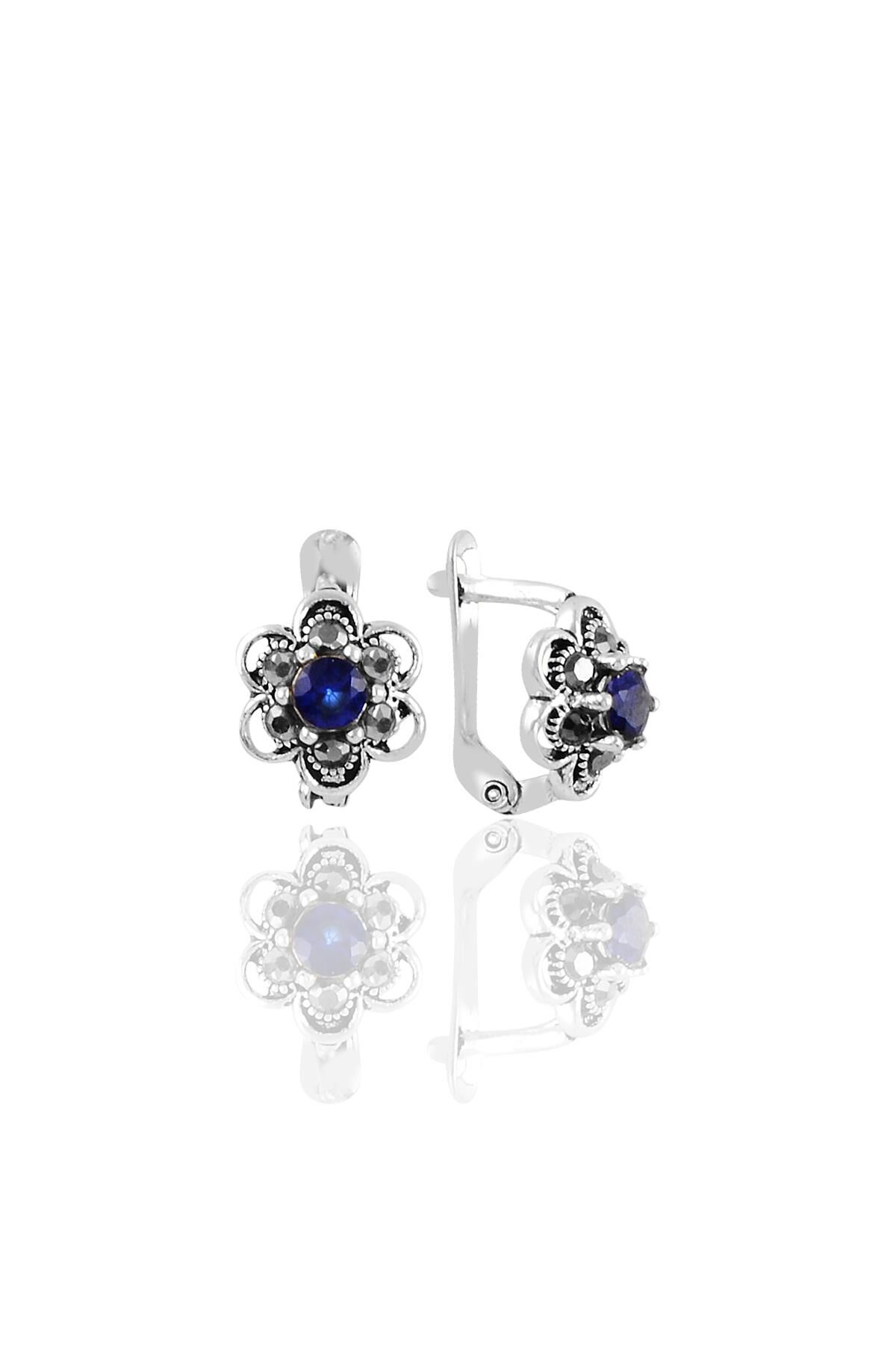 Gümüş  markazit ve safir taşlı çiçek modeli  küpe SGTL11238LACI