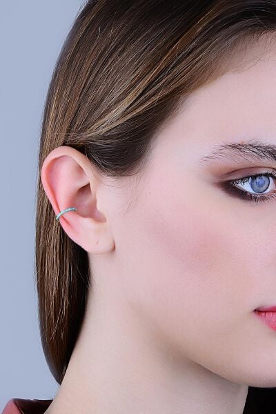 Gümüş rodyumlu turkuaz taşlı sıkıştırmalı kıkırdak küpe ear cuff SGTL11966RODAJ